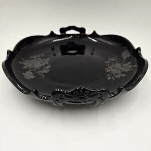 Vtg L E Smith Black Amethyst Glass Serving Tray Silver Two Handles Elegant 10"